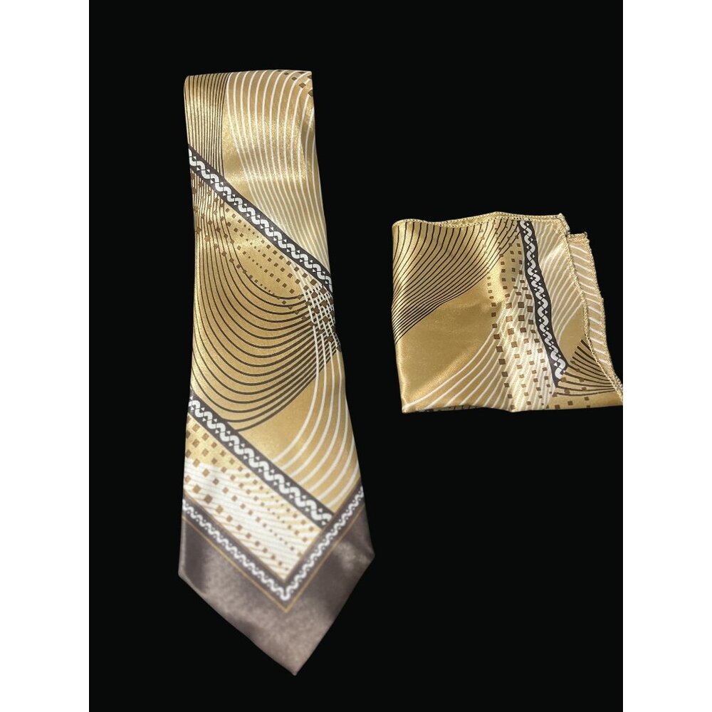 Gold & Brown Geometric Patterned Silk Tie & Pocket Square Set For Men T01 C